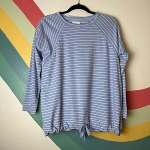 J Jill Pullover Top Long Sleeve Blue White Stripes Cinch Detail Size Small